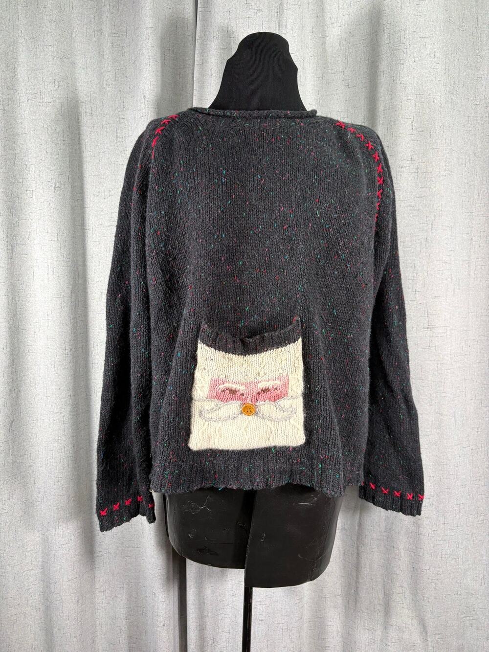 Vintage Norther Isles Hand Embroidered Sweater Santa Pocket Holiday Christmas
